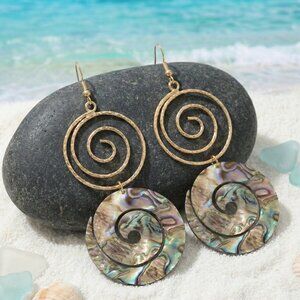 14K Gold Plated Natural Abalone Shell Spiral Dangle Earrings Boho Statement Gift